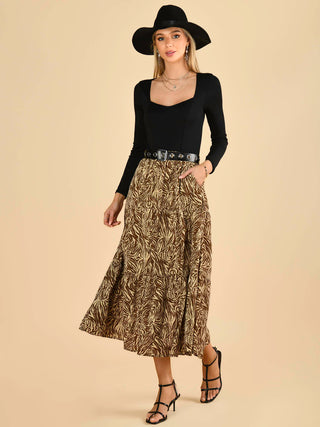 Jolie Moi Sara Animal Print Midi Skirt, Khaki Zebra