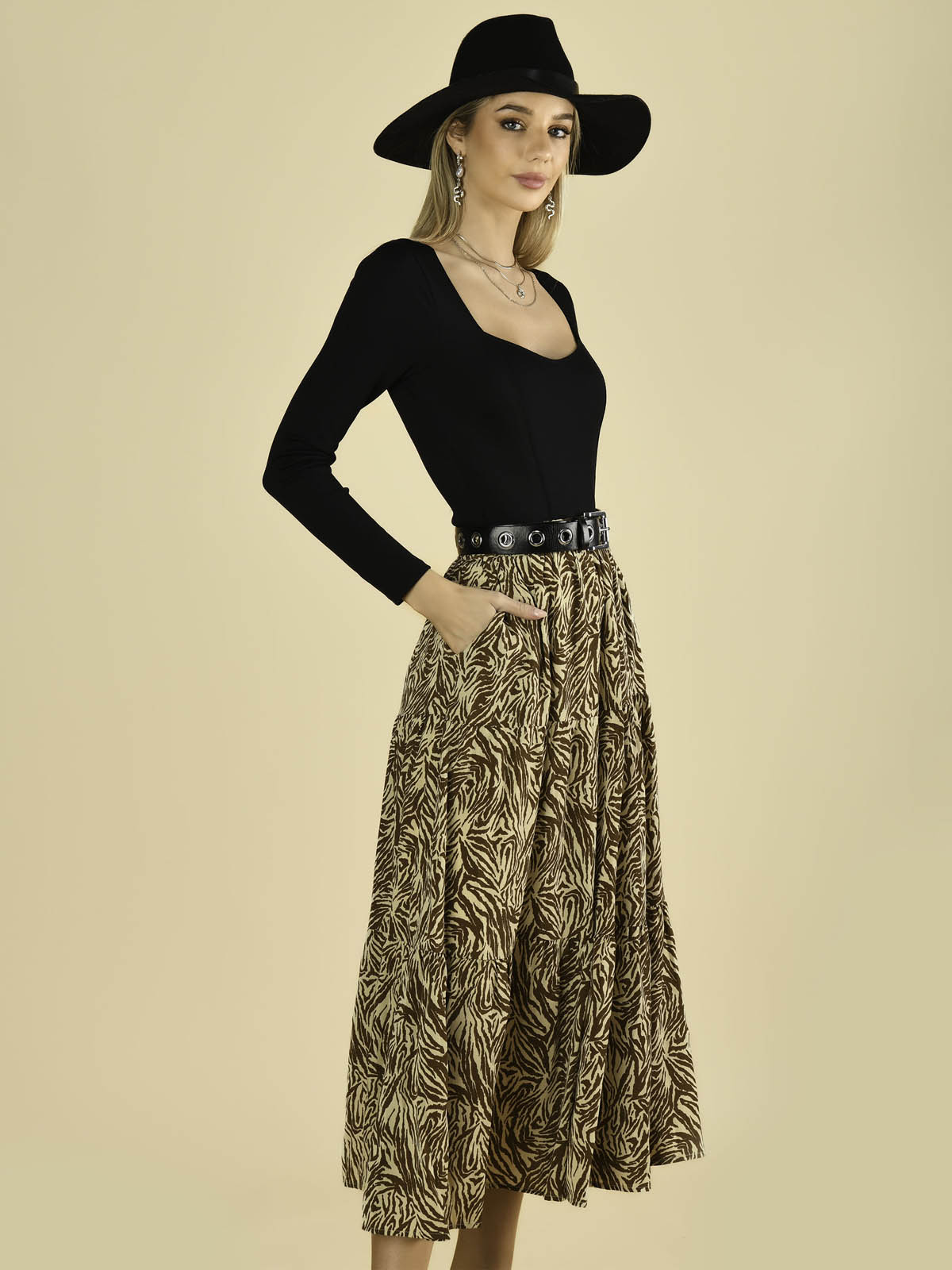 Jolie Moi Sara Animal Print Midi Skirt Khaki Zebra