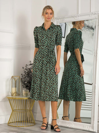 Calla Animal Print Shirt Dress, Green Leopard Jolie Moi Retail Calla Animal Print Shirt Dress, Green Leopard Jolie Moi Retail