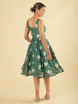 Floral Print Lace Midi Dress, Dark Green