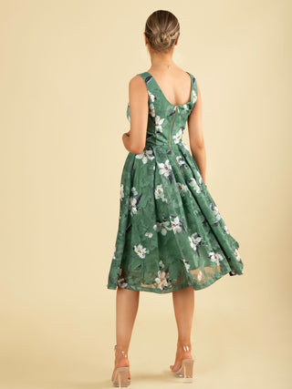Floral Print Lace Midi Dress, Dark Green