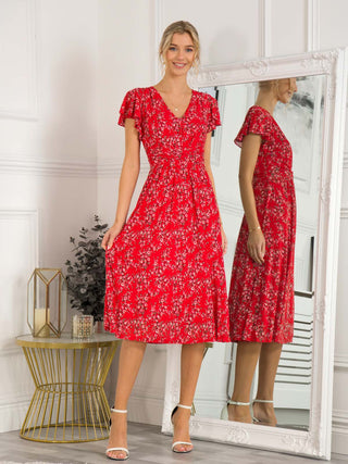 Sarina Wrap Mesh Midi Dress, Red Floral