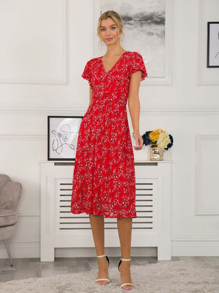 Sarina Wrap Mesh Midi Dress, Red Floral