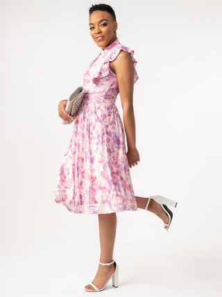 pink dress, midi dress, wrap dress, printed dress, pattern dress, bridesmaid dress, occasion dresses