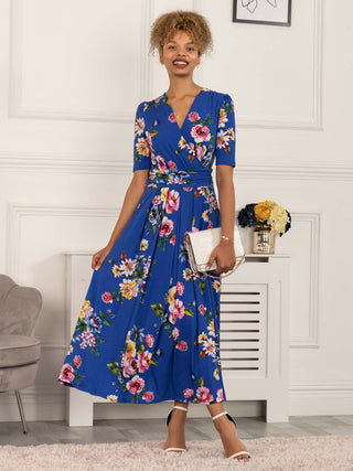 blue dress, blue maxi dress, blue floral maxi dress with sleeves, sleeved dress, wedding guest dress, maxi dress, maxi dress uk, floral dress, blue dress for women