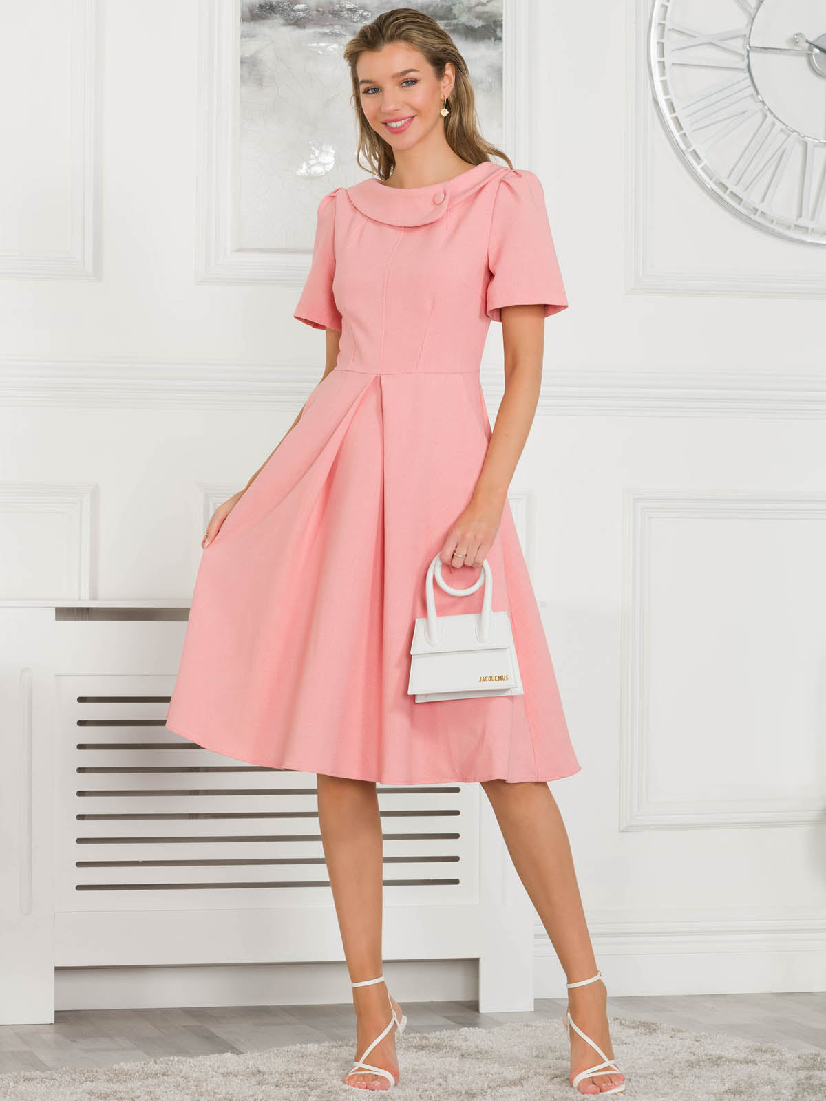 Jolie Moi Valery Button Collar Dress Rose Mist