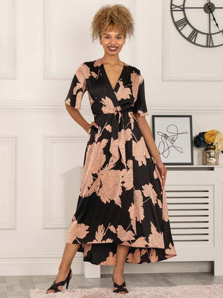 Willow Satin Wrap Tie Waist Dress, Black Pink Floral Jolie Moi Retail Willow Satin Wrap Tie Waist Dress, Black Pink Floral Jolie Moi Retail