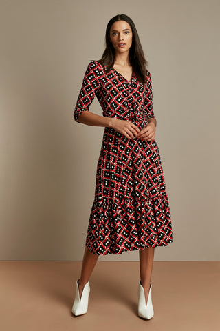 Print Flounce Hem Midi Dress, Red Geo