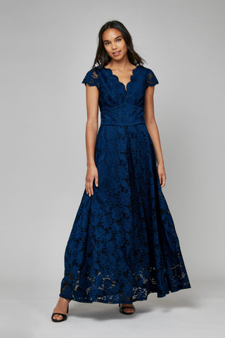 Scallop V-Neck Lace Maxi Dress, Navy Jolie Moi Retail Scallop V-Neck Lace Maxi Dress, Navy Jolie Moi Retail