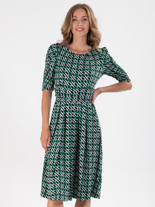Puff Sleeve Printed Viscose Dress, Green Geo