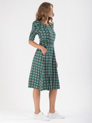 Puff Sleeve Printed Viscose Dress, Green Geo